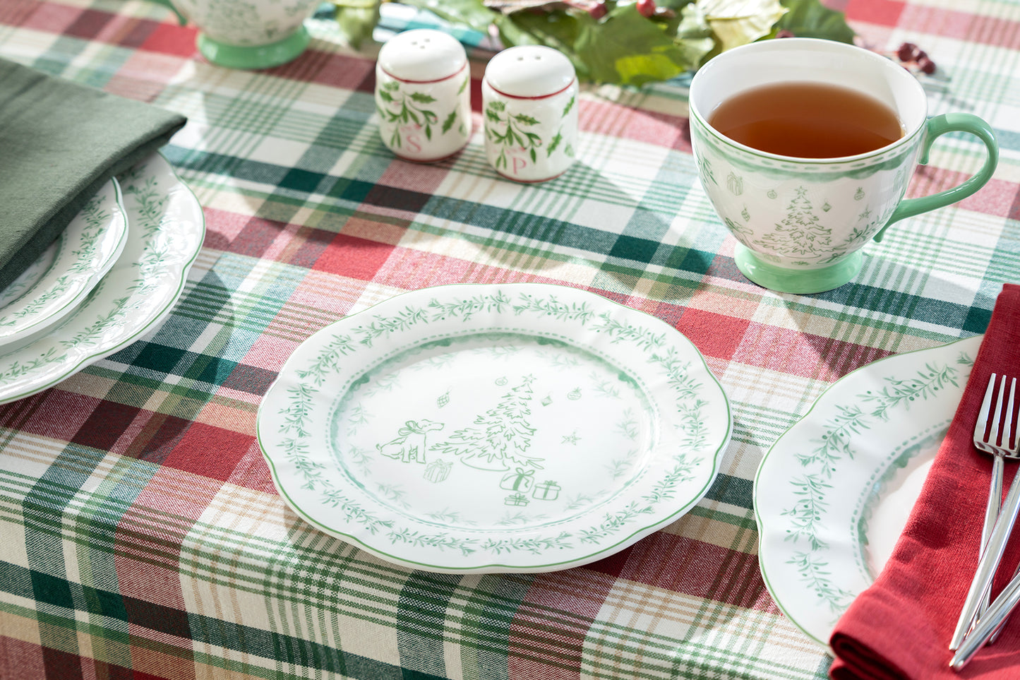 Festive Pup and Tree Fine Porcelain Dessert/Dinner Plate
