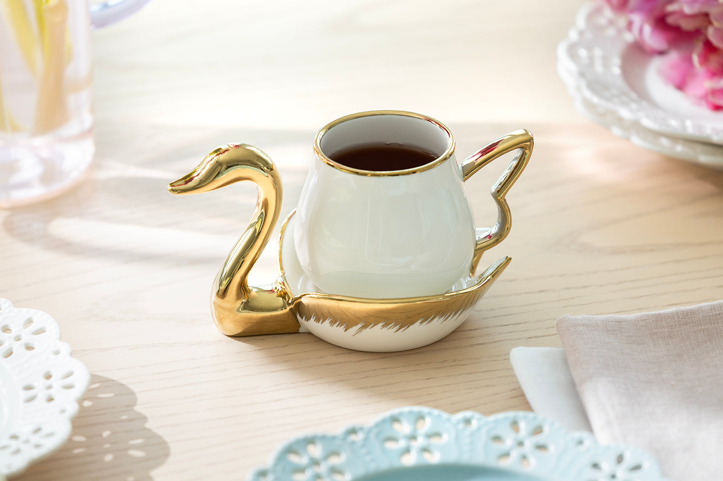 Golden Swan White Fine Porcelain Tea Cup and Saucer