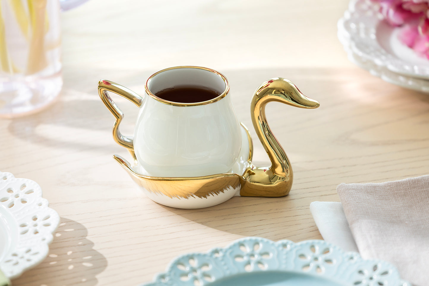 Golden Swan White Fine Porcelain Tea Cup and Saucer