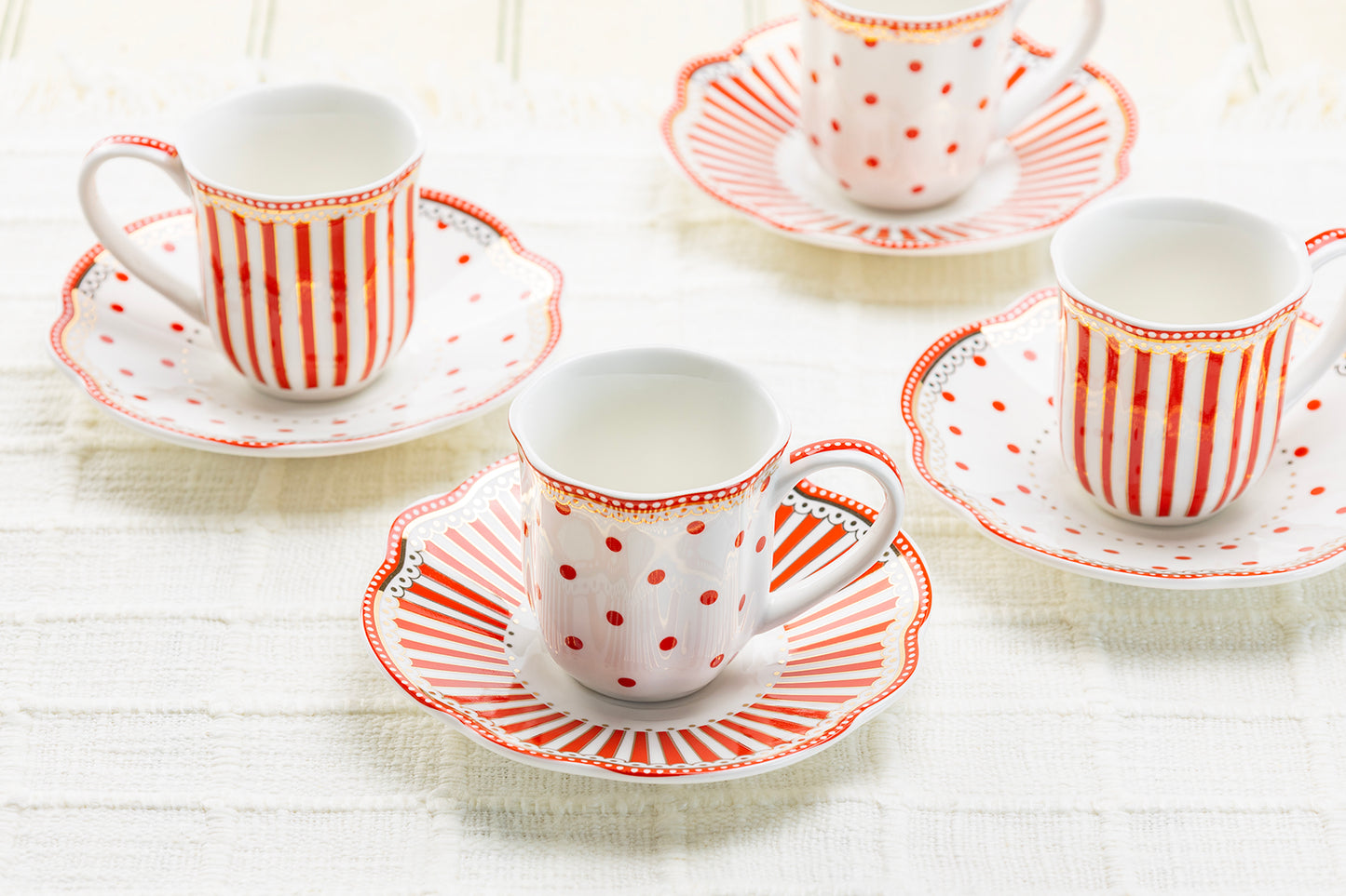Red Josephine Stripes and Dots 3oz Espresso Cups and Saucers