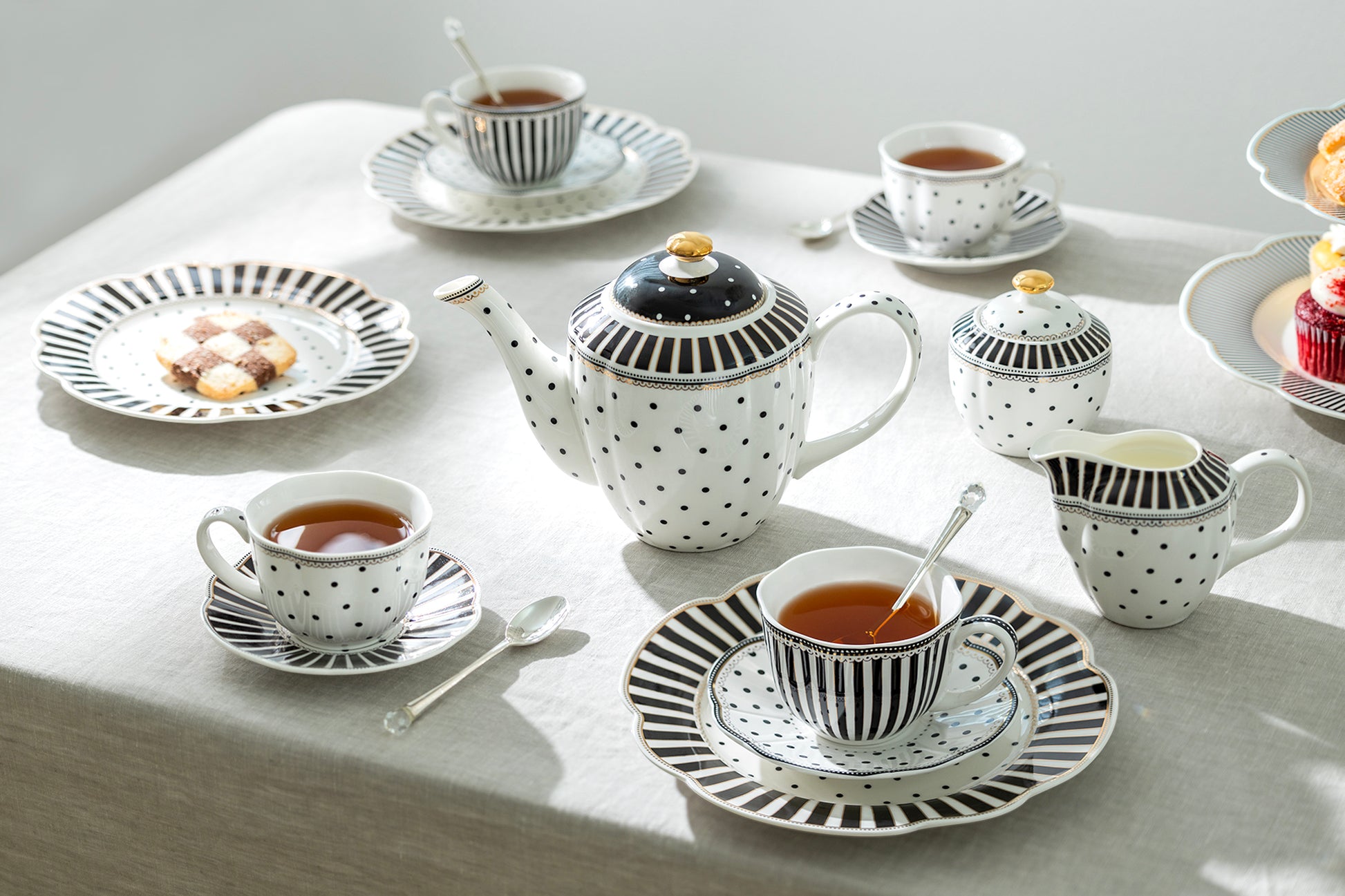 Grace Teaware Black Josephine Stripes and Dots Fine Porcelain Tea Set