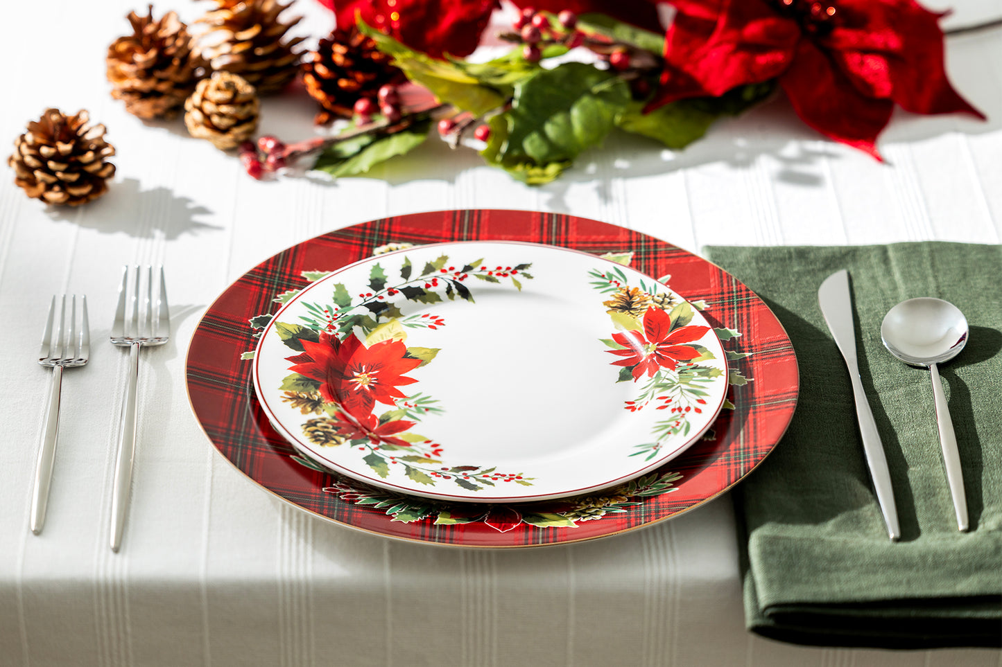 Grace Teaware Poinsettia Pine Cone Fine Porcelain Dessert Dinner Plate Set