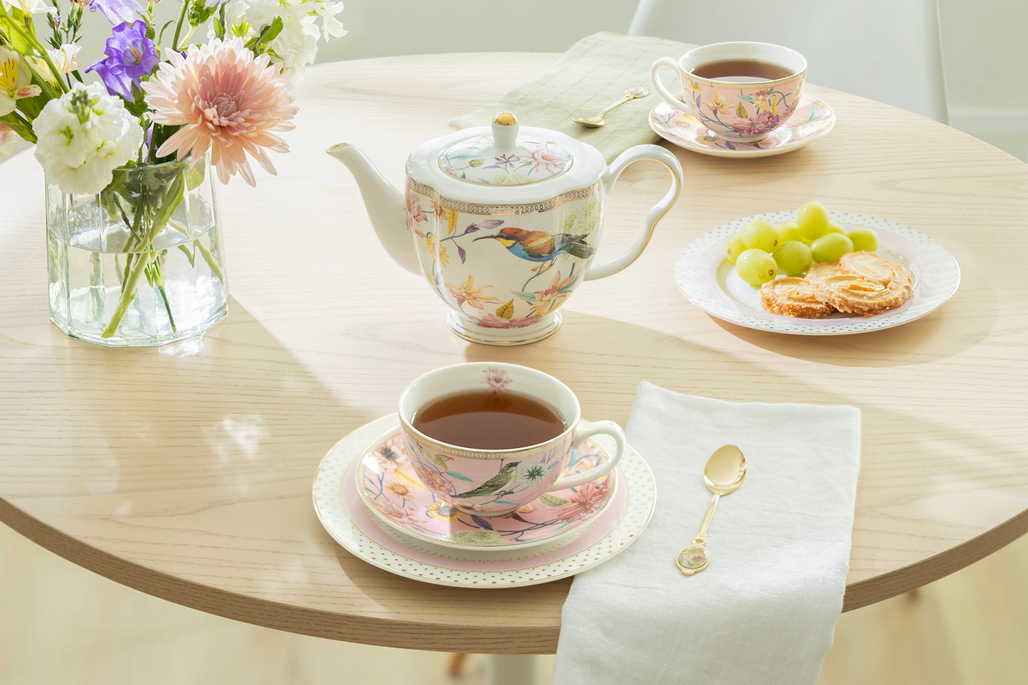Spring Flowers with Hummingbird Fine Porcelain Pink Latte Cups 5-Piece Tea Set