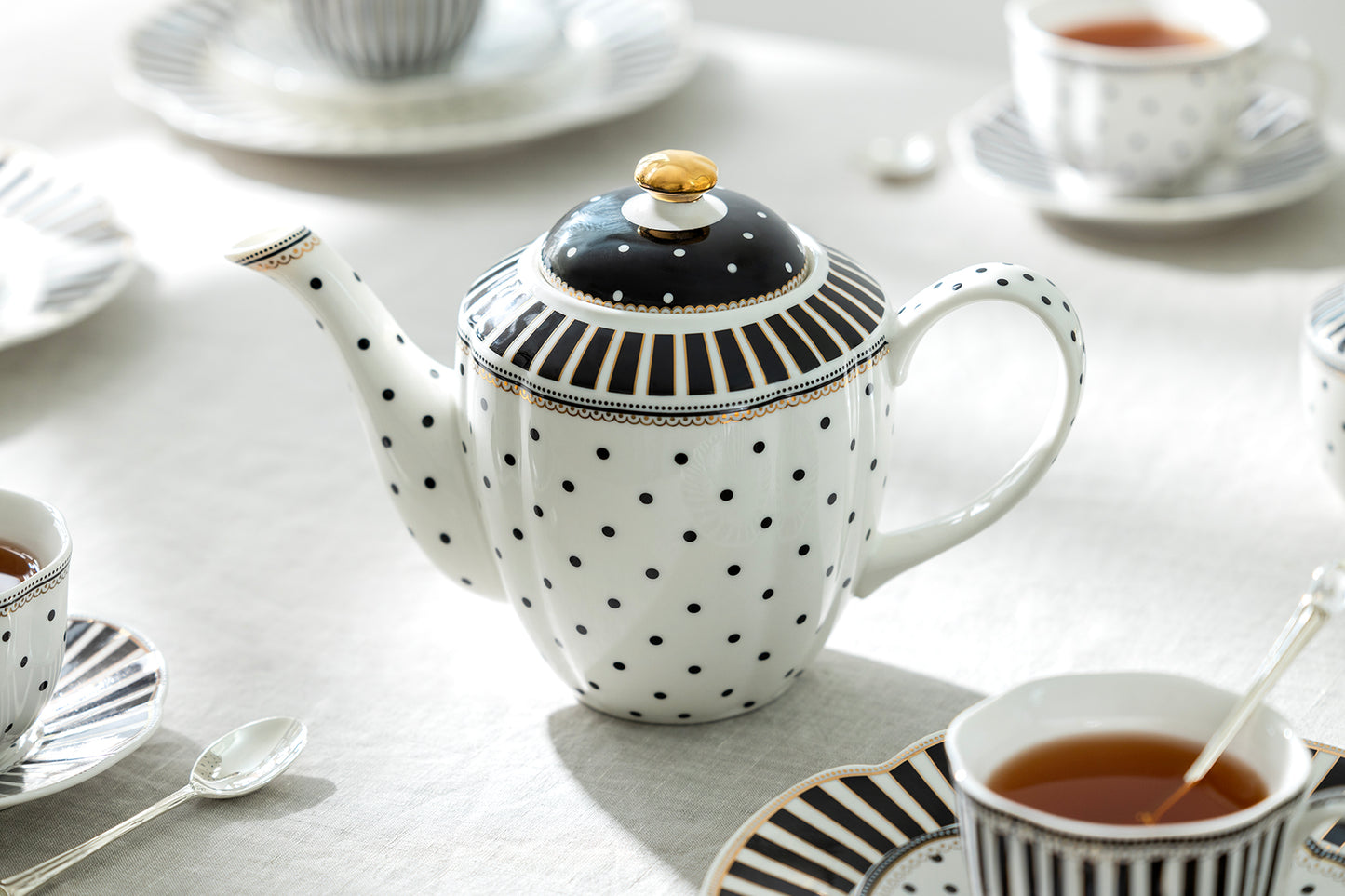 Grace Teaware Black Josephine Stripes and Dots Fine Porcelain Teapot