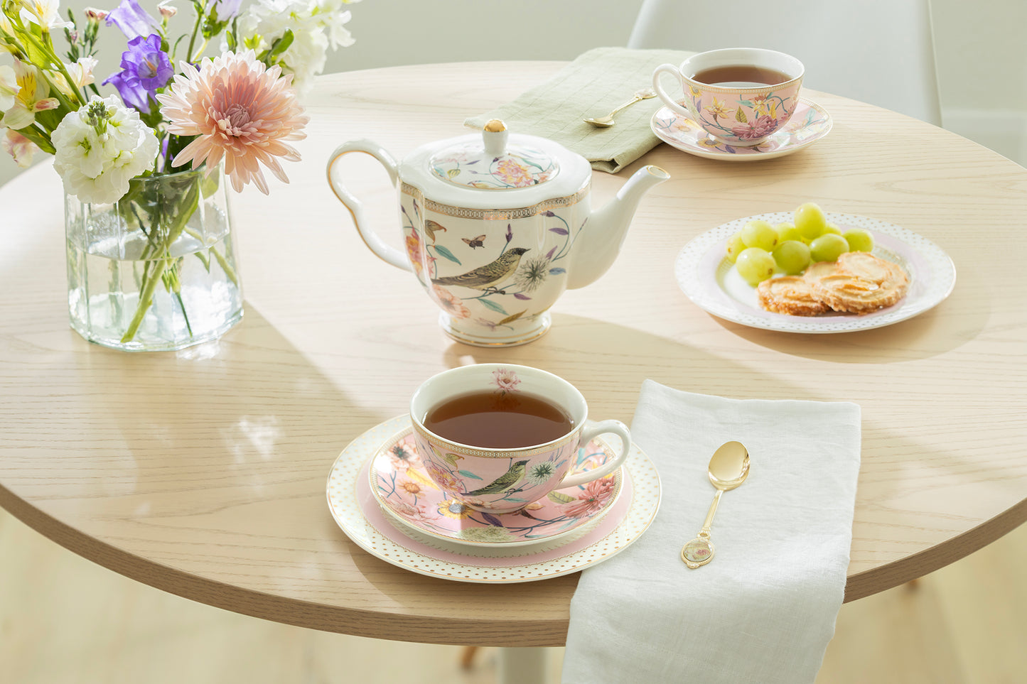 Spring Flowers with Hummingbird Fine Porcelain Pink Latte Cups 5-Piece Tea Set