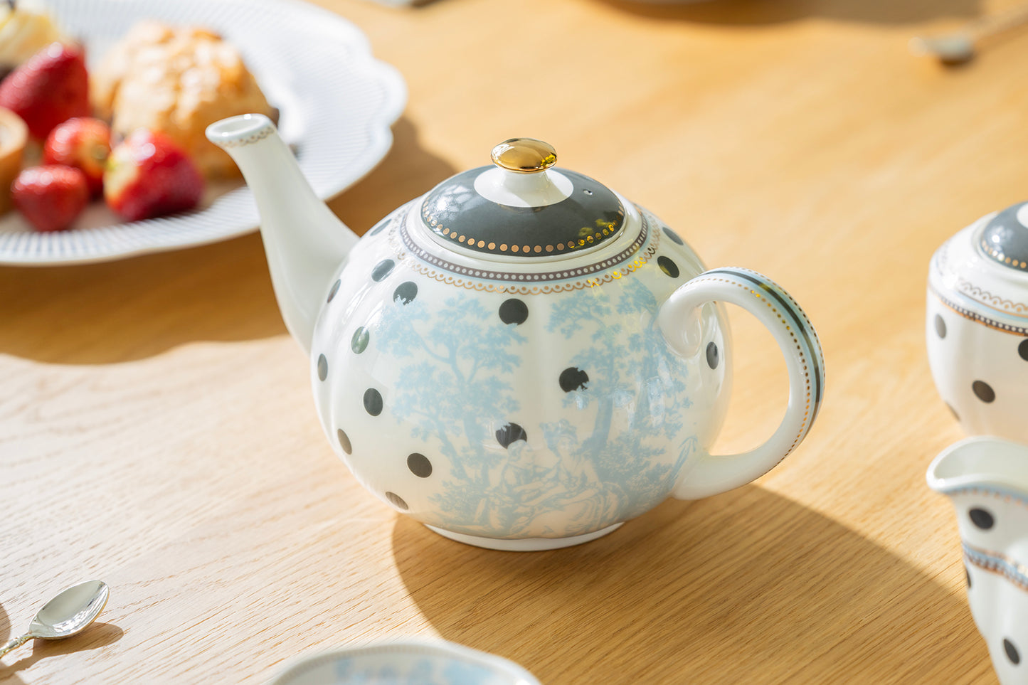 Dark Gray Stripes and Dots with Blue Toile Fine Porcelain Tea Set