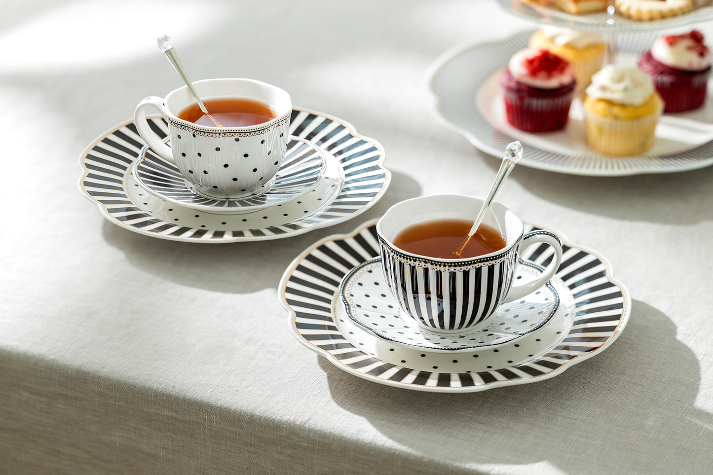 Black Josephine Stripes and Dots Fine Porcelain Cup and Saucer Sets