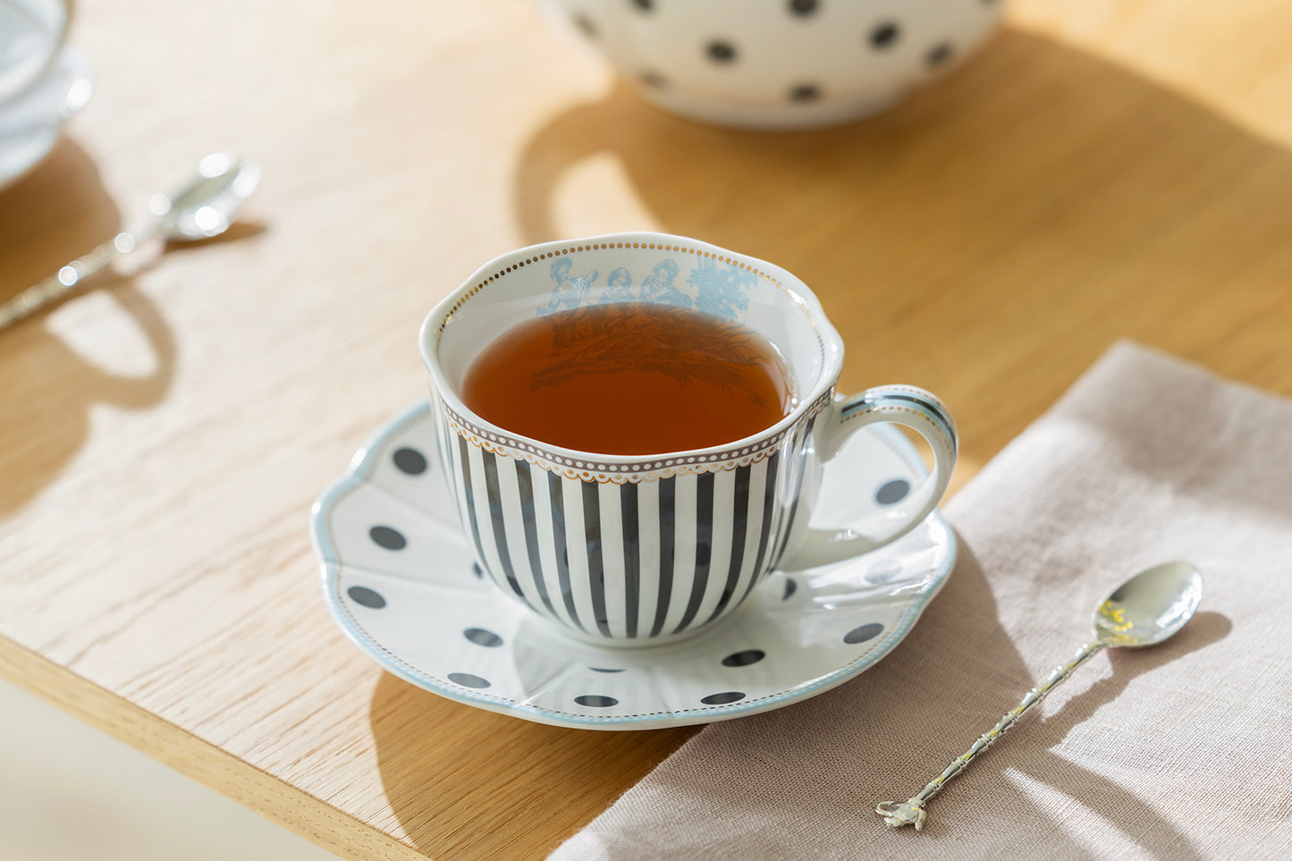 Dark Gray Stripes and Dots with Blue Toile Fine Porcelain Tea Set