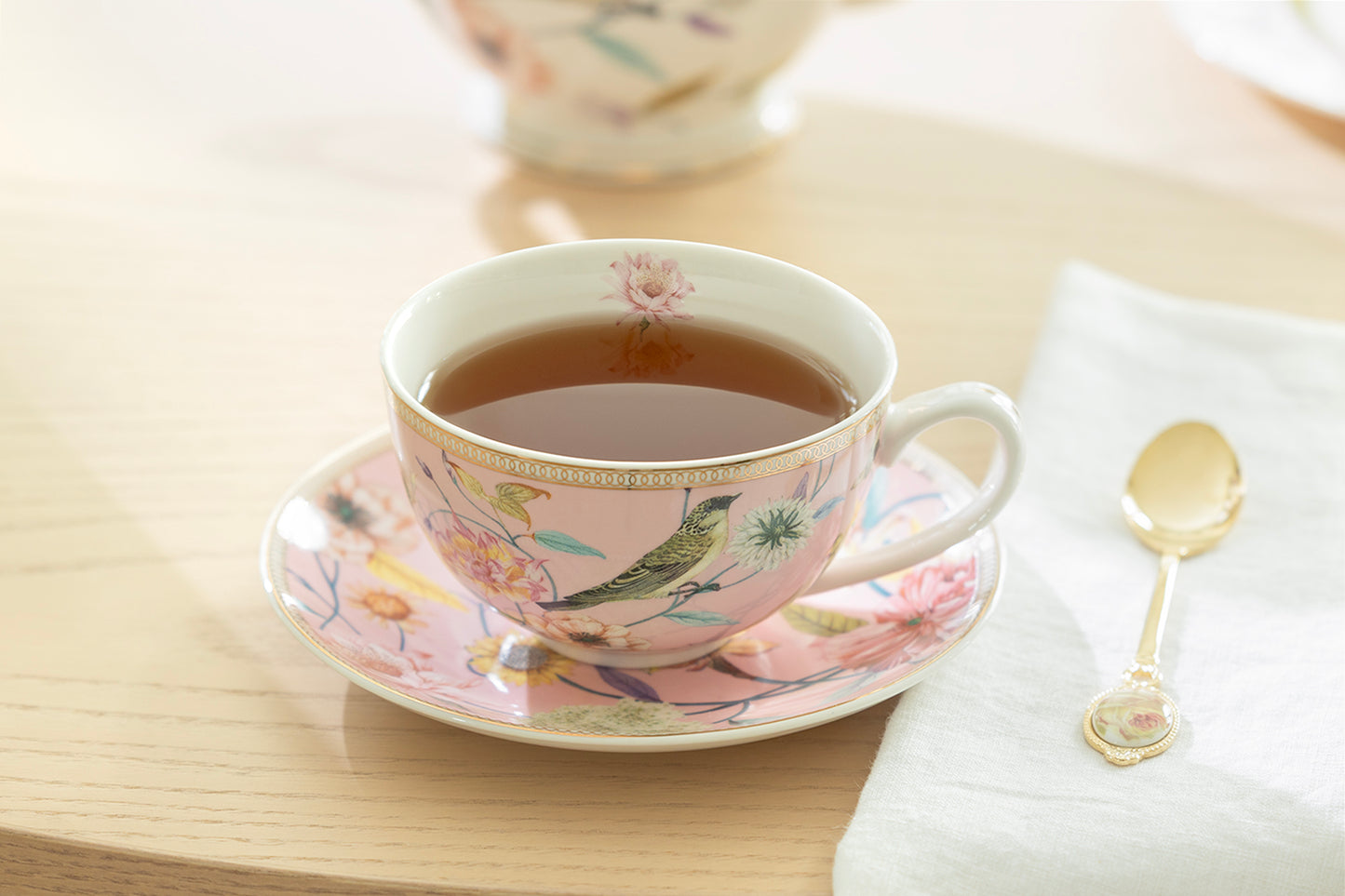 Spring Flowers with Bird Pink Fine Porcelain Latte Cup and Saucer