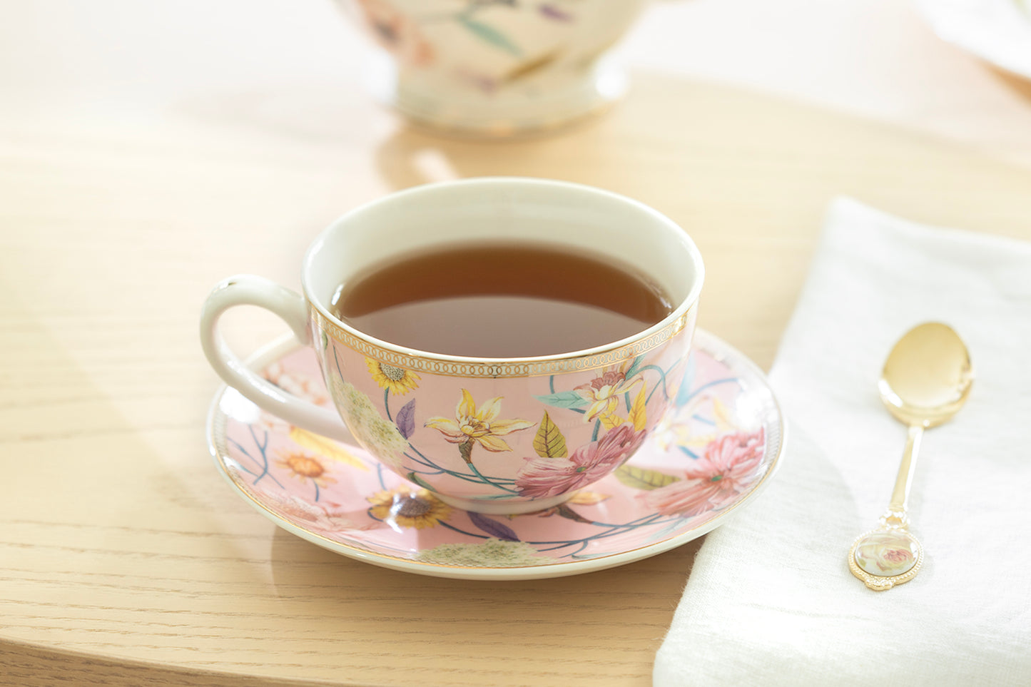 Spring Flowers with Bird Pink Fine Porcelain Latte Cup and Saucer
