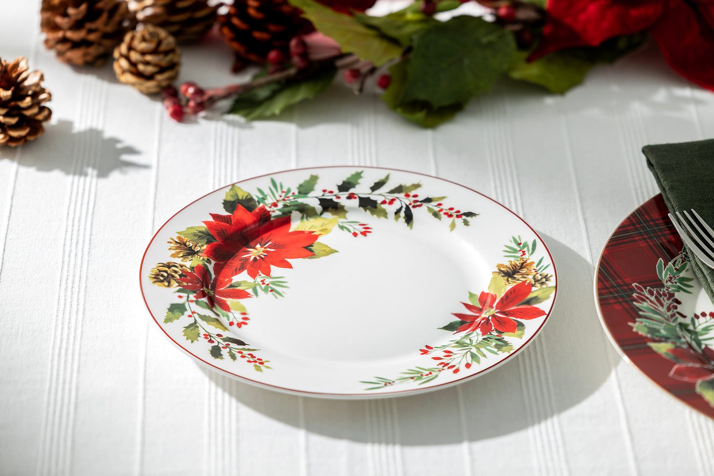 Poinsettia Pine Cone Fine Porcelain Dessert / Dinner Plate