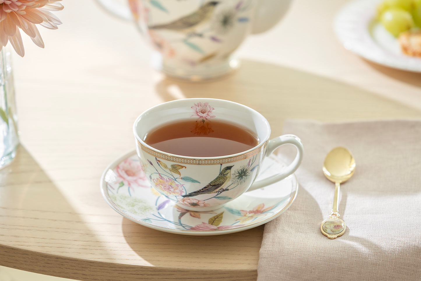 Spring Flowers with Hummingbird Fine Porcelain Latte Cups 5-Piece Tea Set