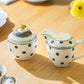 Dark Gray Stripes and Dots with Blue Toile Fine Porcelain Tea Set