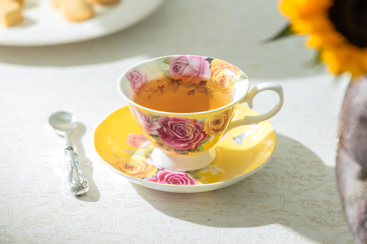 Stechcol Gracie Bone China Rose Bouquet Yellow Tea Cup and Saucer