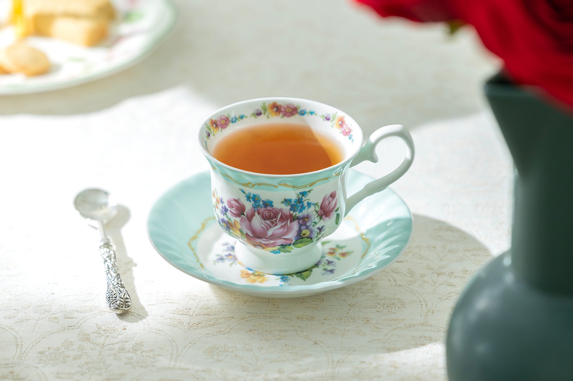 Gracie Bone China Marie Rose Mint Green Bone China Tea Cup and Saucer