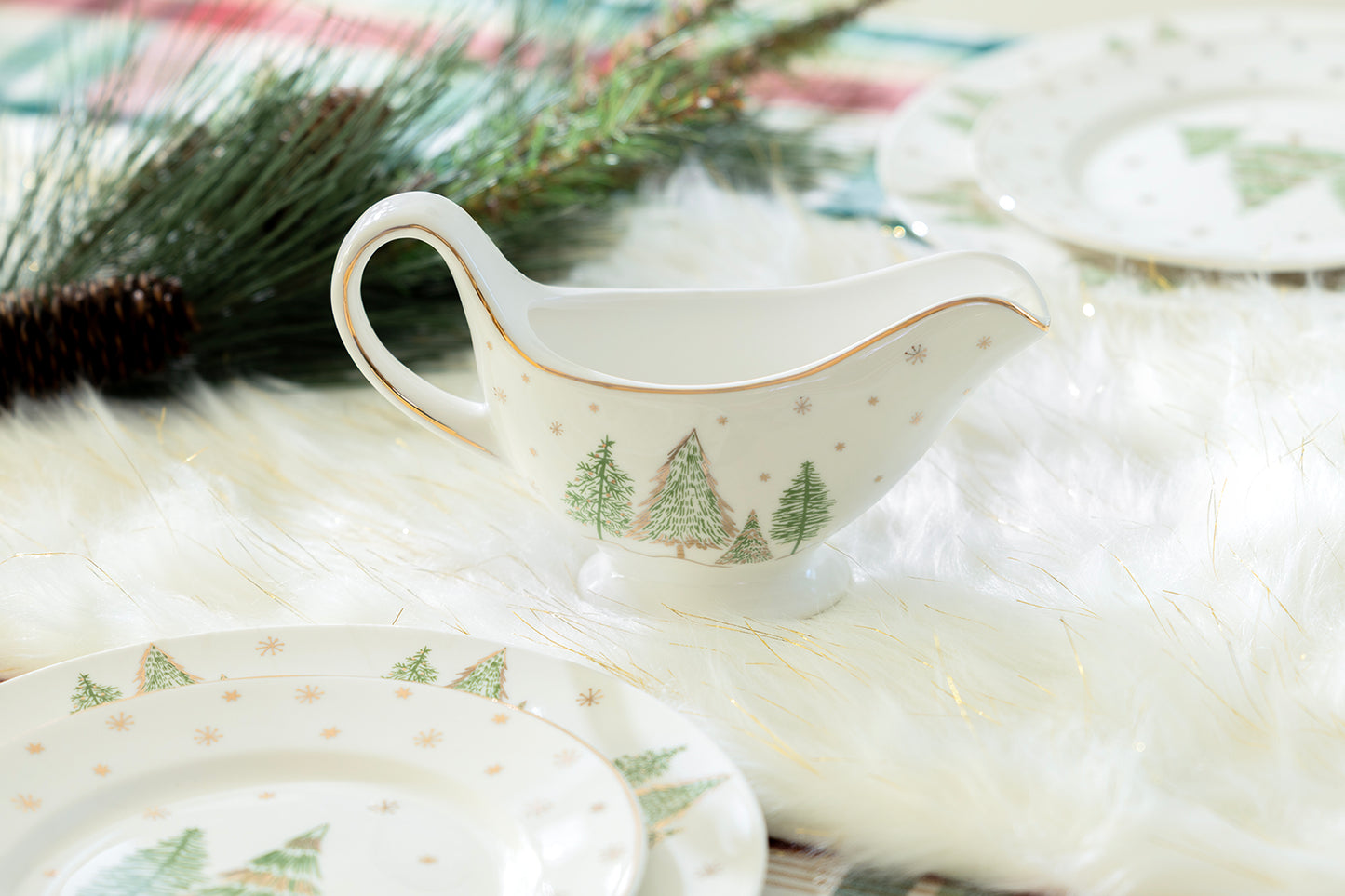 Christmas Pine Trees Fine Porcelain Gravy Boat