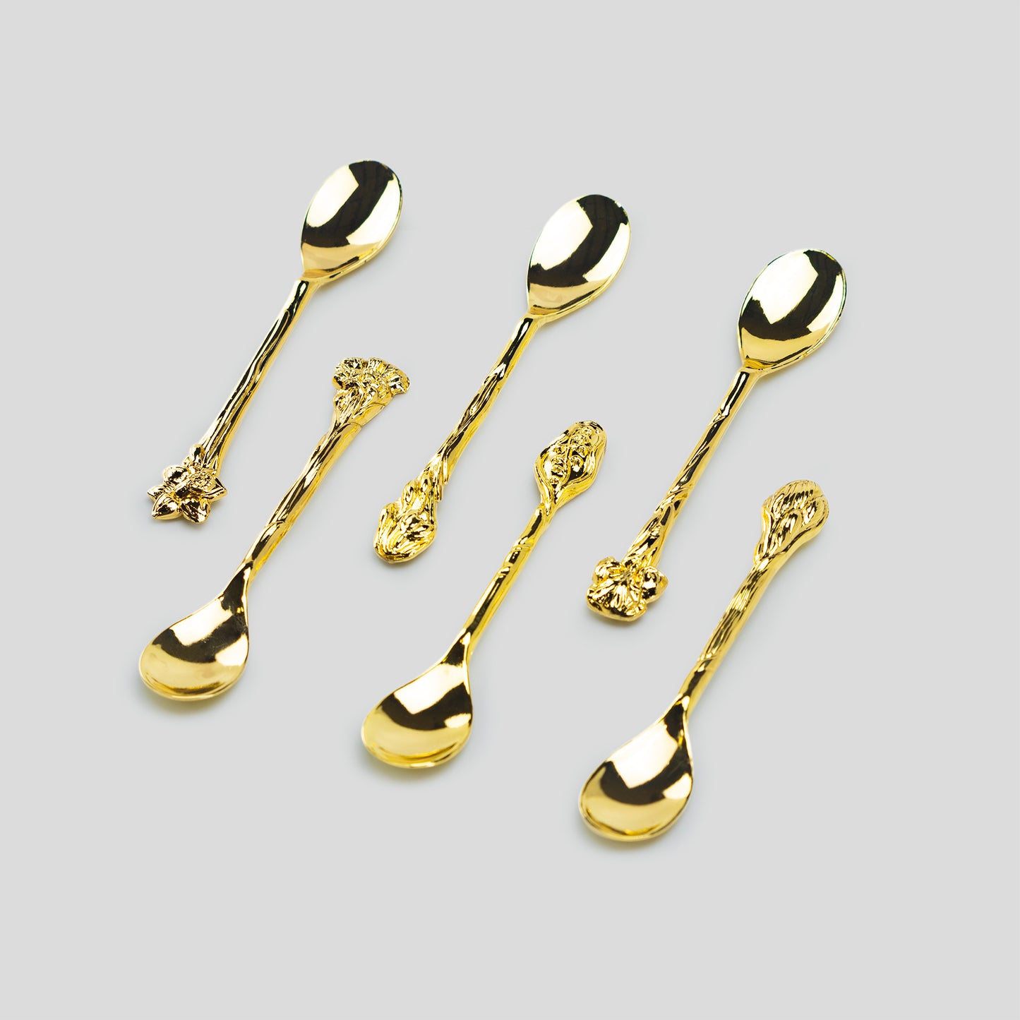 Gold Gilded Demi Spoon with Assorted Floral Handle Designs Set of 6