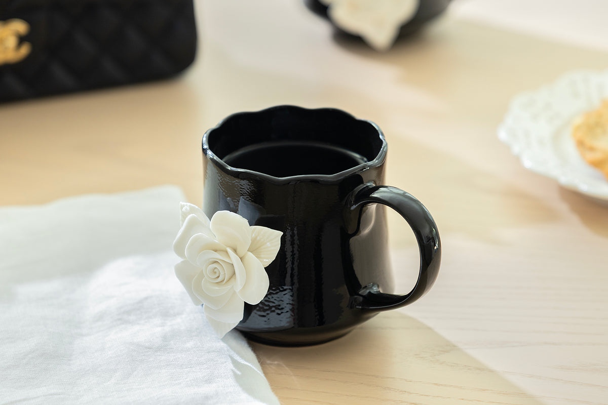 Black & White Sculpted Rose Fine Porcelain Mug Set of 2