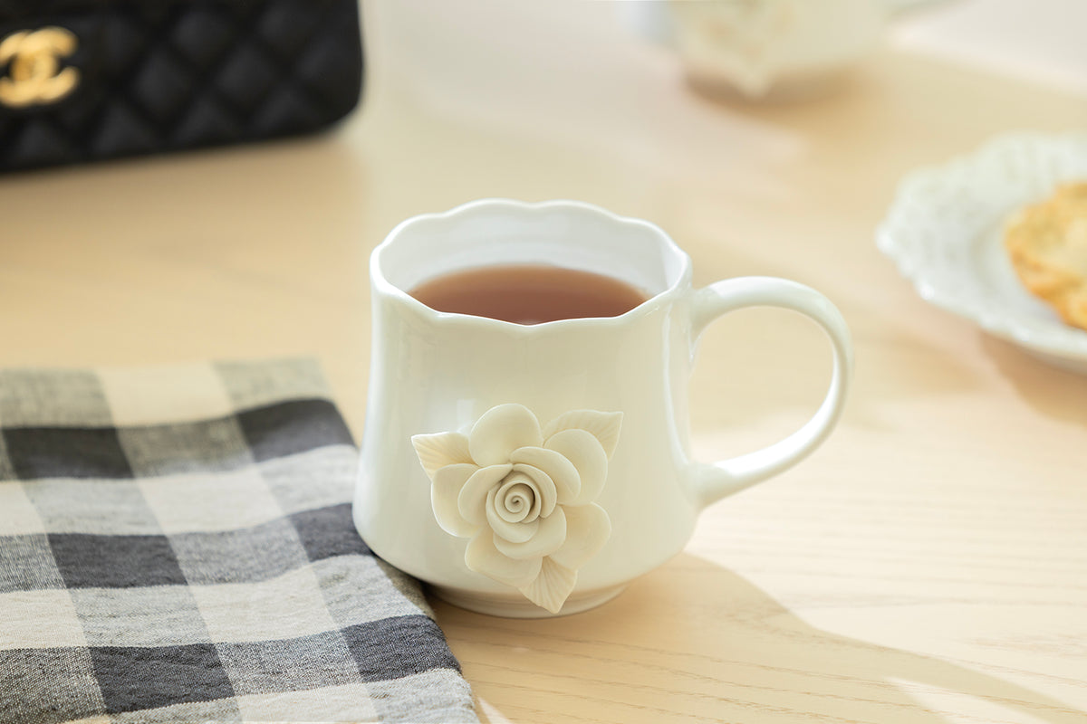 White Sculpted Rose Fine Porcelain Mug Set of 2