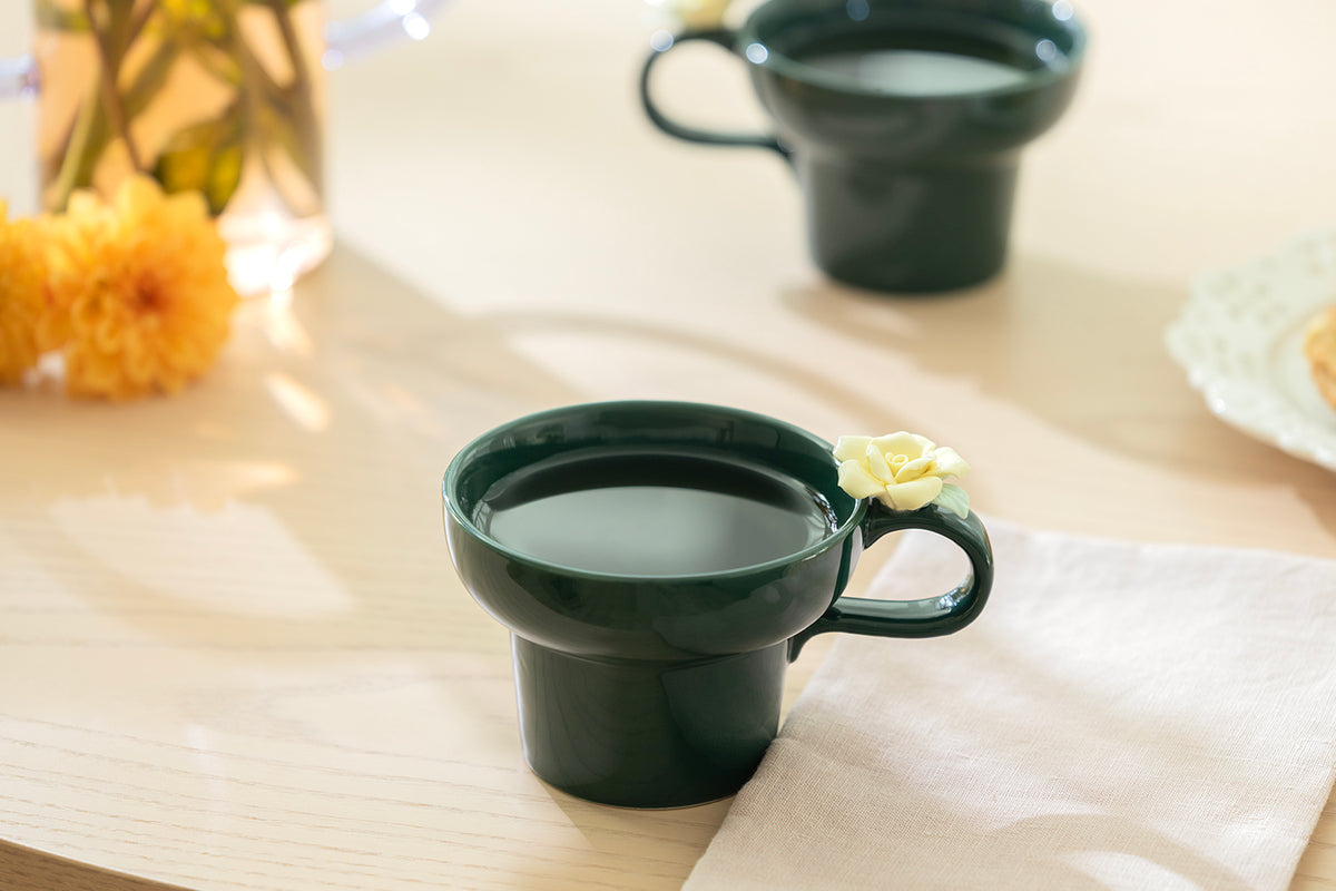 Emerald Green Yellow Sculpted Rose Fine Porcelain Mug Set of 2