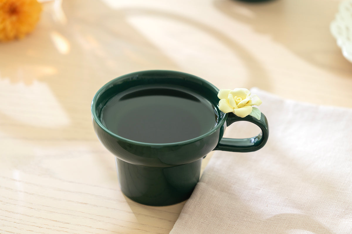 Emerald Green Yellow Sculpted Rose Fine Porcelain Mug Set of 2