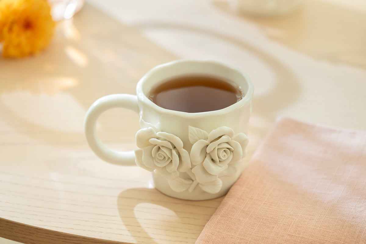 White Sculpted Rose Bouquet Fine Porcelain Mug Set of 2