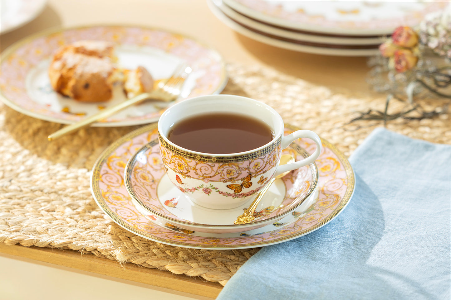 Butterflies with Pink Ornament Fine Porcelain Tea Cup and Saucer