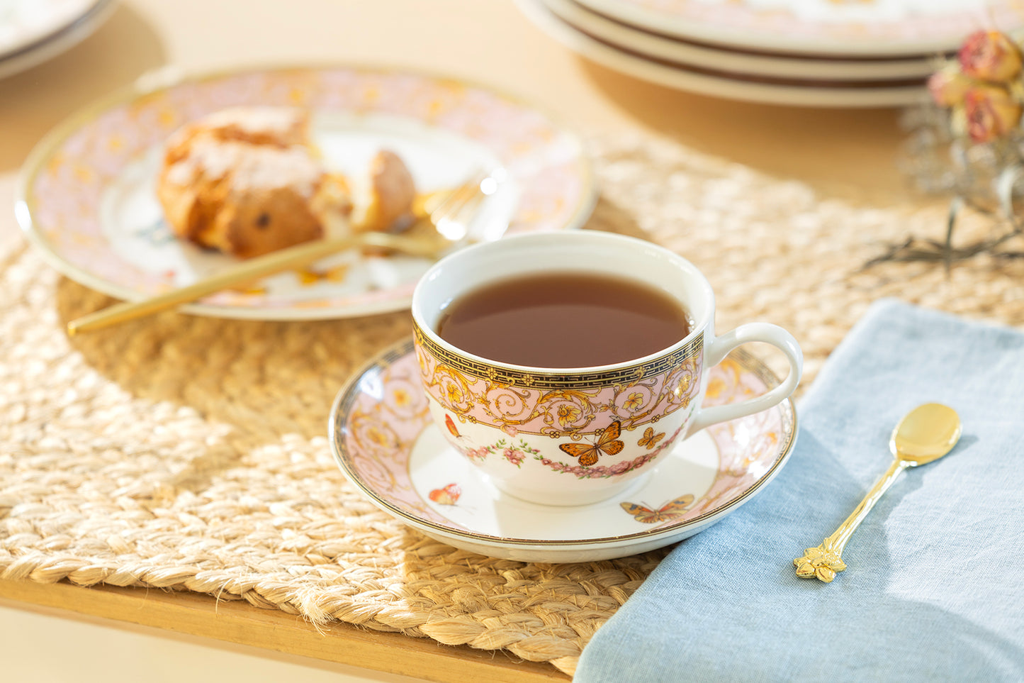Butterflies with Pink Ornament Fine Porcelain Tea Cup and Saucer