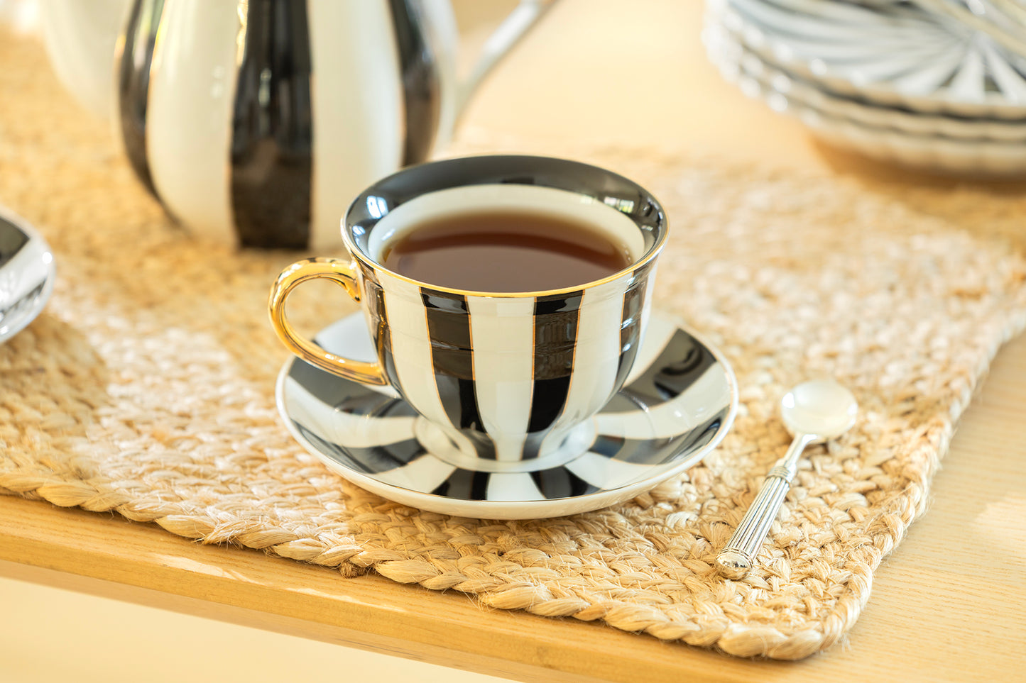 Black Carousel Stripes Fine Porcelain Cup and Saucer - 10oz