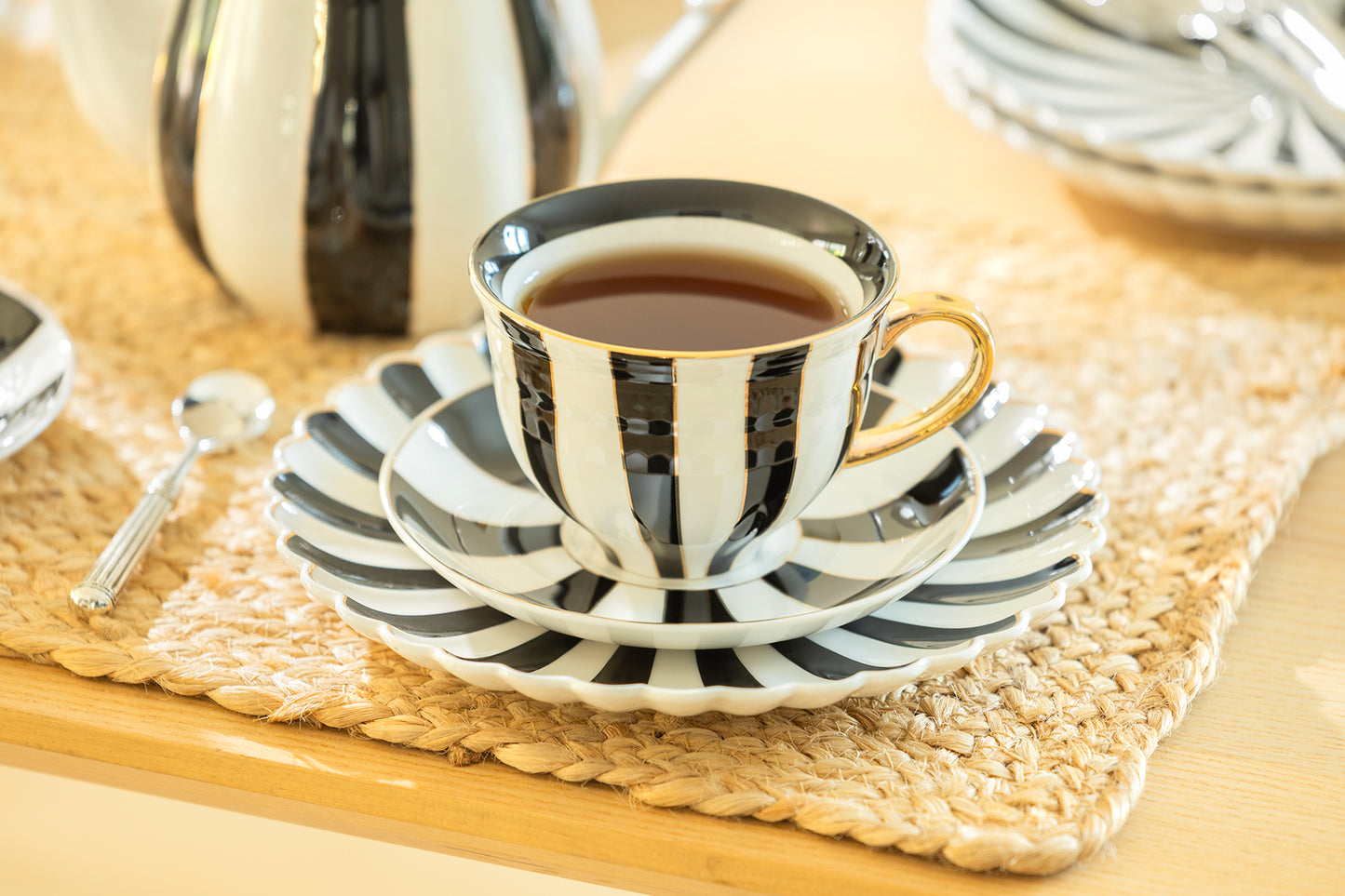 Black Carousel Stripes Fine Porcelain Cup and Saucer - 10oz