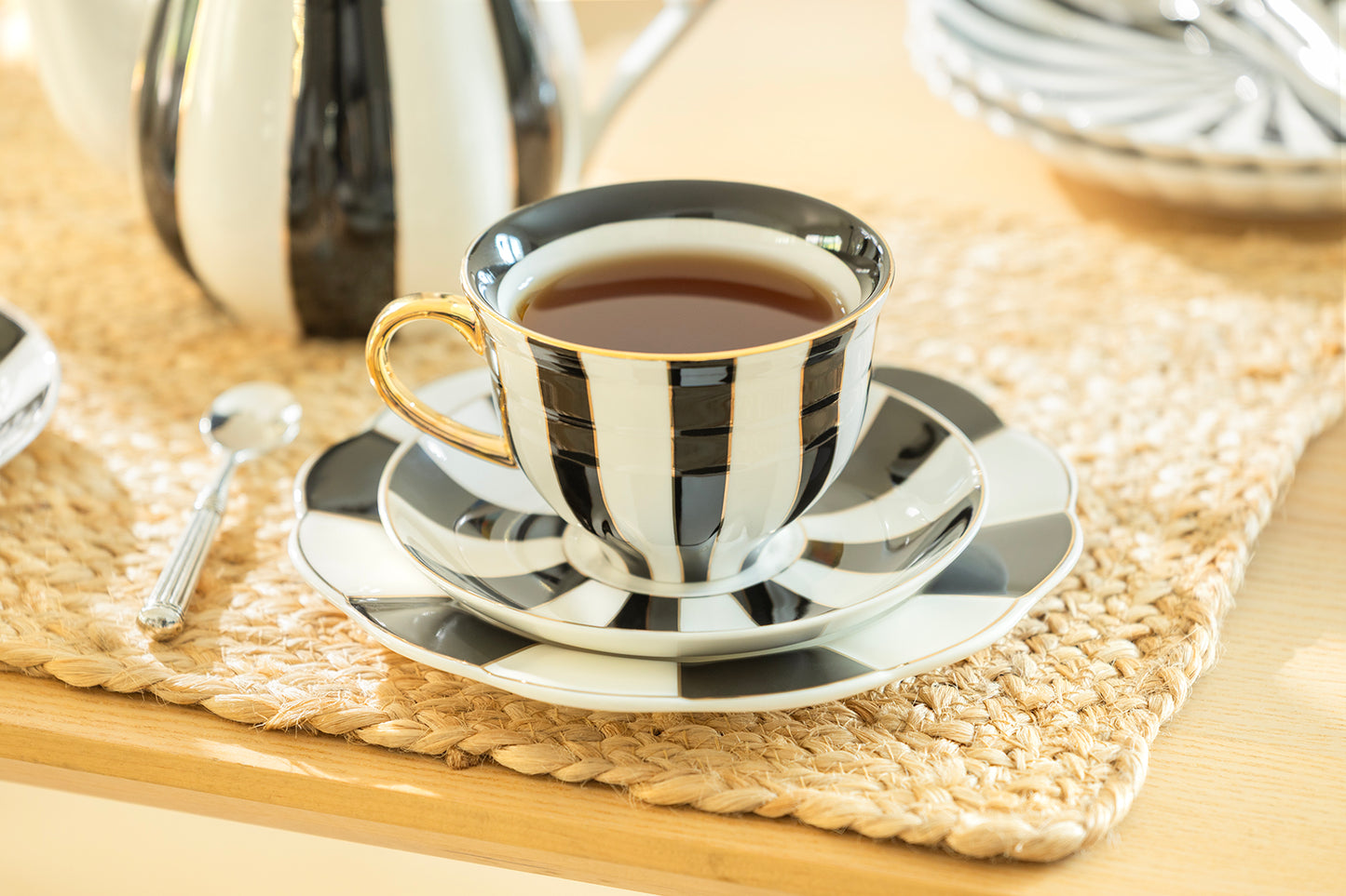 Black Carousel Stripes Fine Porcelain Cup and Saucer - 10oz