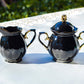 Black Gold Teapot + Sugar Creamer + 4 Witchy Crystal Ball Black Gold Luster Tea Cup and Saucer Sets