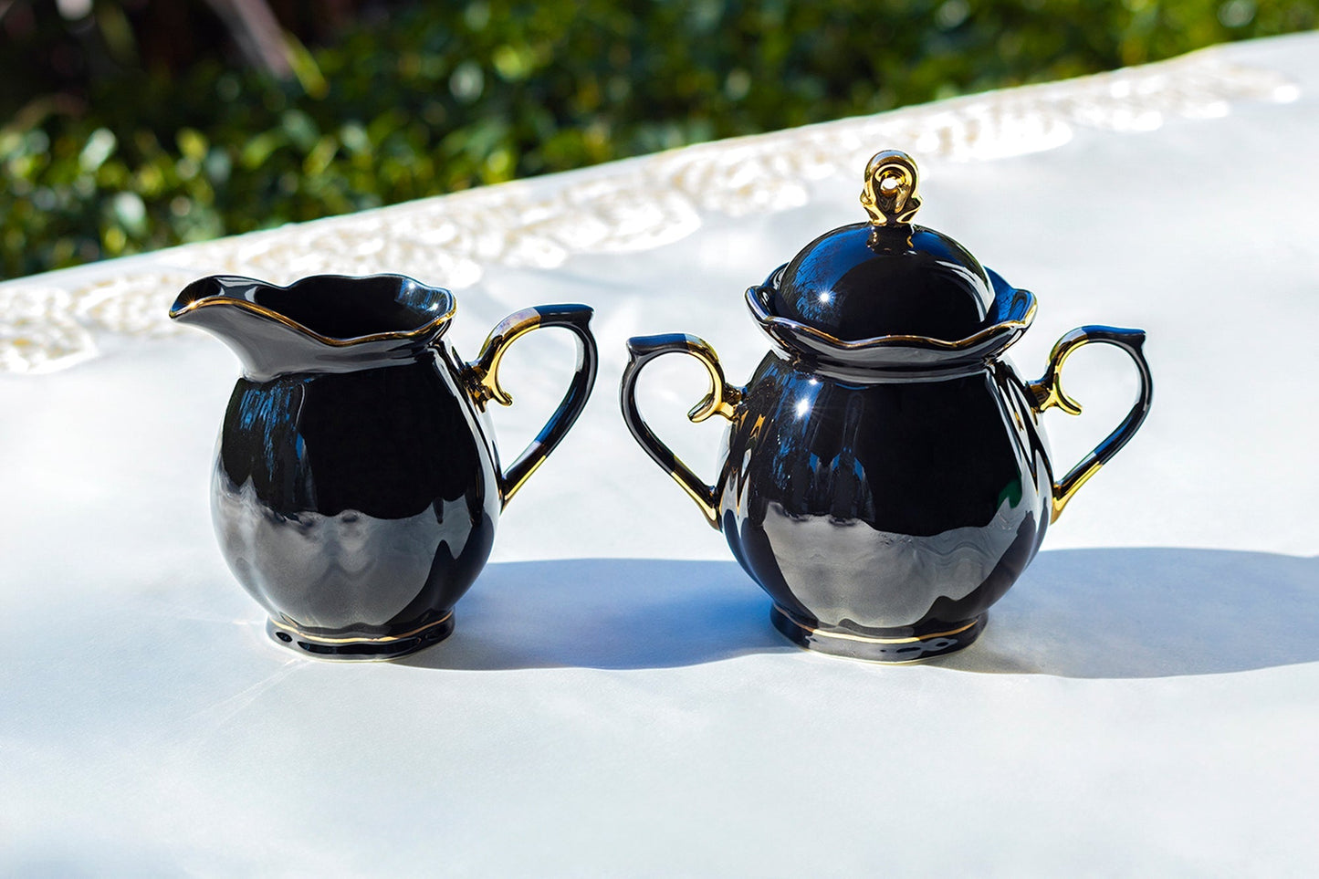 Black Gold Teapot + Sugar Creamer + 4 Witchy Crystal Ball Black Gold Luster Tea Cup and Saucer Sets
