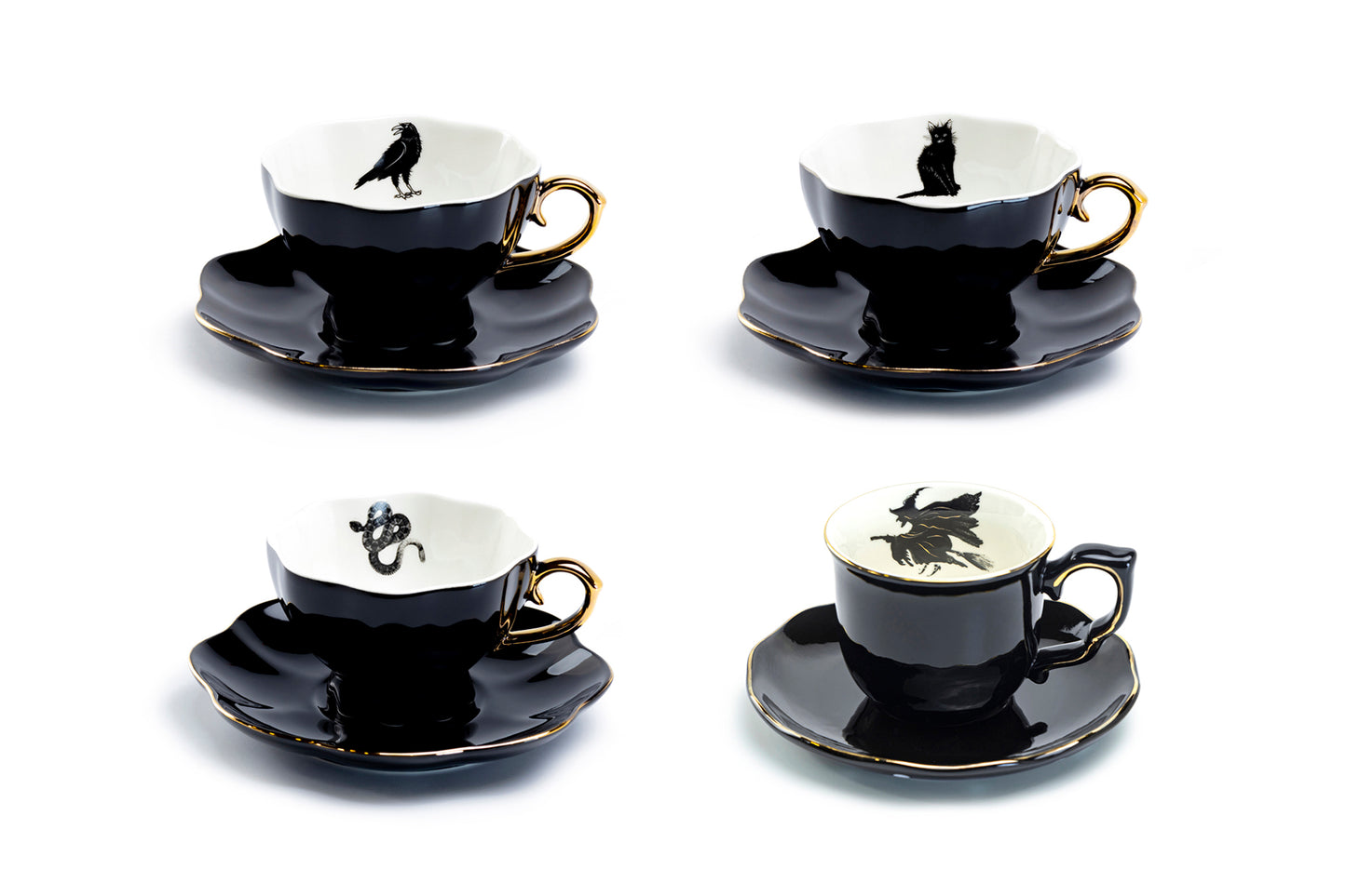 Black Gold Scallop Teapot + 4 Assorted Halloween Tea Cup and Saucer Sets - Ver. A