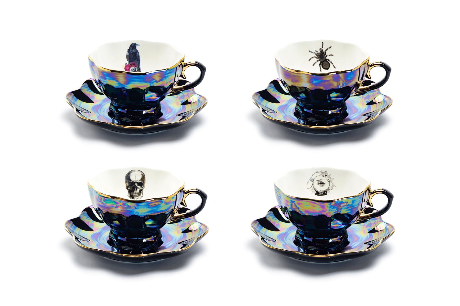 Grace Teaware 4 Assorted Halloween Luster Tea Cup and Saucer Sets - Crow, Spider, Skull, Witchy Crystal Ball tea cups