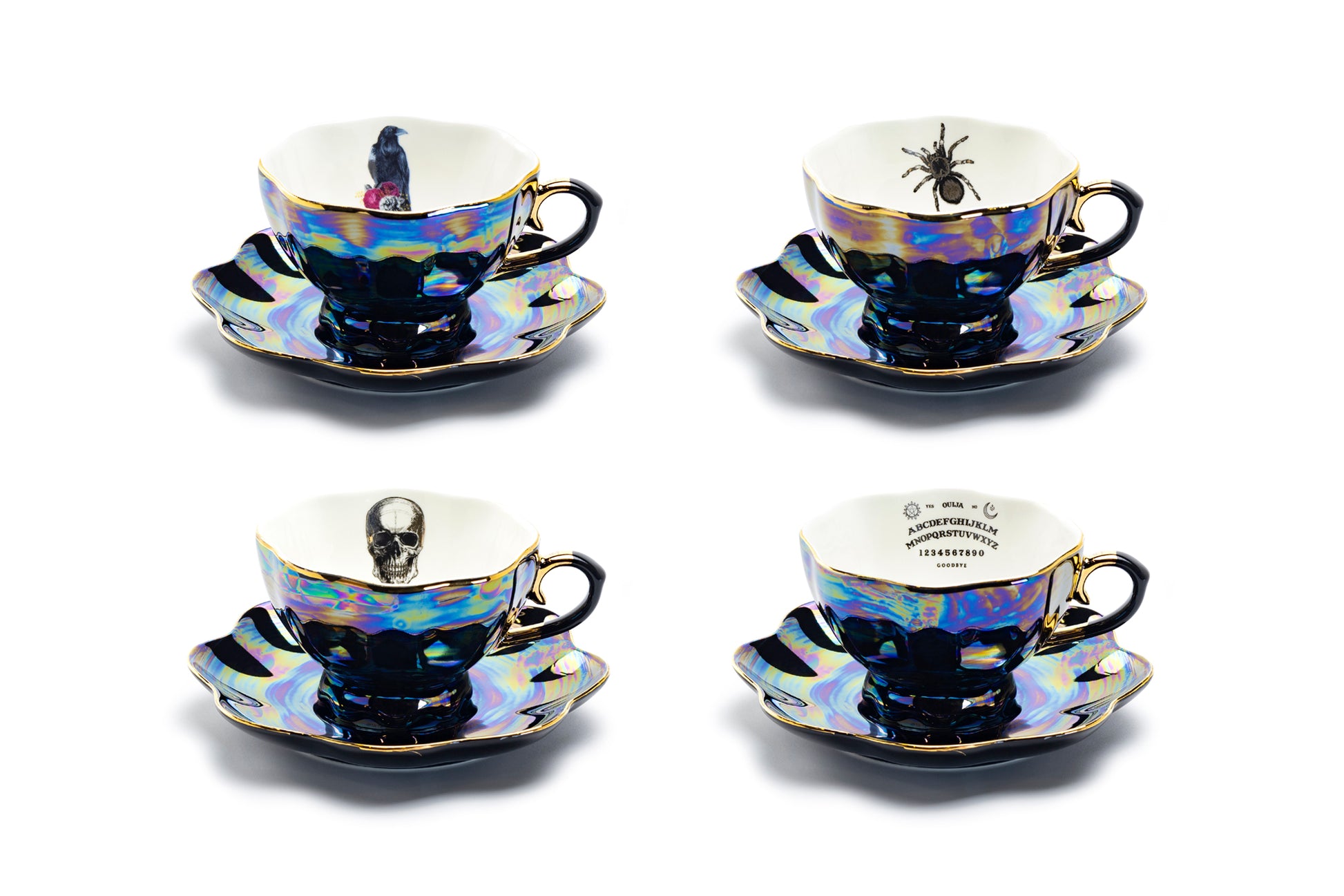 Grace Teaware 4 Assorted Halloween Luster Tea Cup and Saucer Sets - Crow, Spider, Skull, Ouija