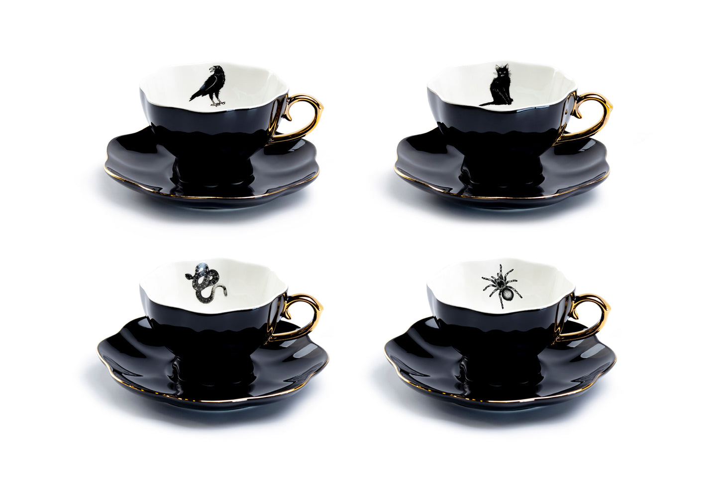 Grace Teaware 4 Assorted Halloween Tea Cup and Saucer Sets - Cat, Raven, Snake, Spider tea cups