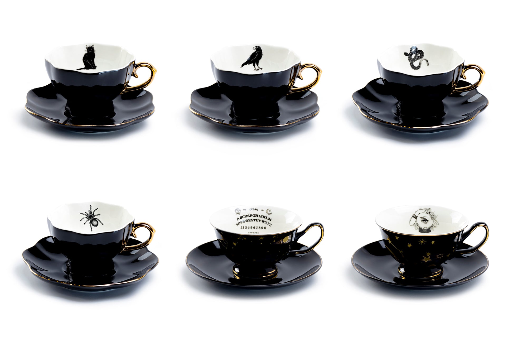 Grace Teaware 6 Assorted Halloween Tea Cup and Saucer Sets Cat, Raven, Snake, Spider, ouija, witchy crystal ball tea cups