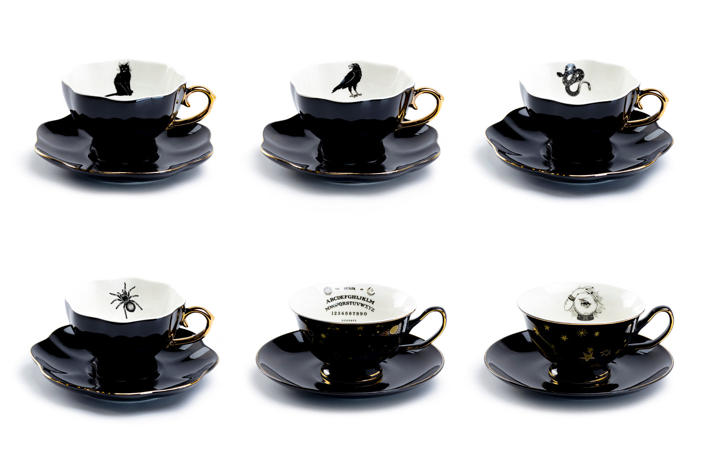 Grace Teaware Halloween Tea Cups black cat raven crow snake black widow spider ouija evil eye tea cups