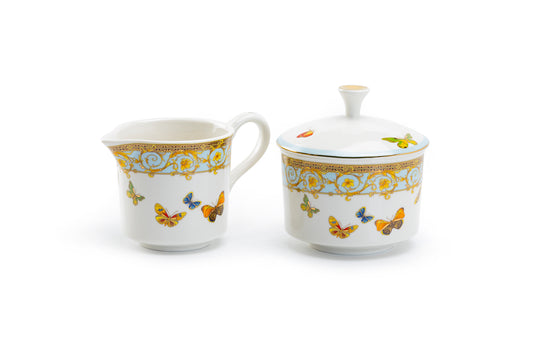 Grace Teaware Butterflies with Blue Ornament Fine Porcelain Sugar & Creamer Set