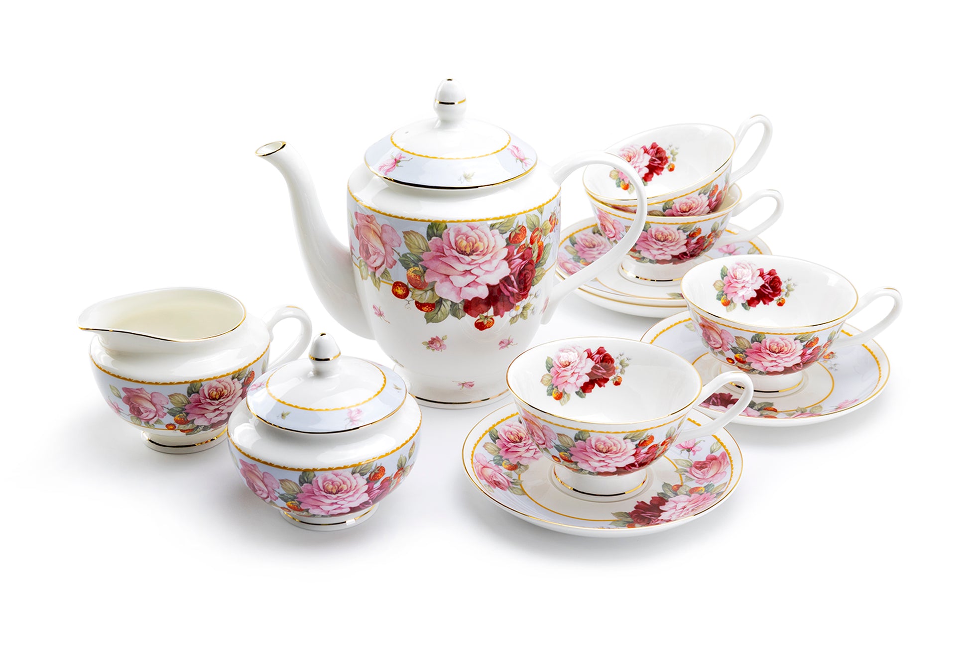 Stechcol Gracie Bone China Peony and Strawberry Bone China 11-Piece Tea Set