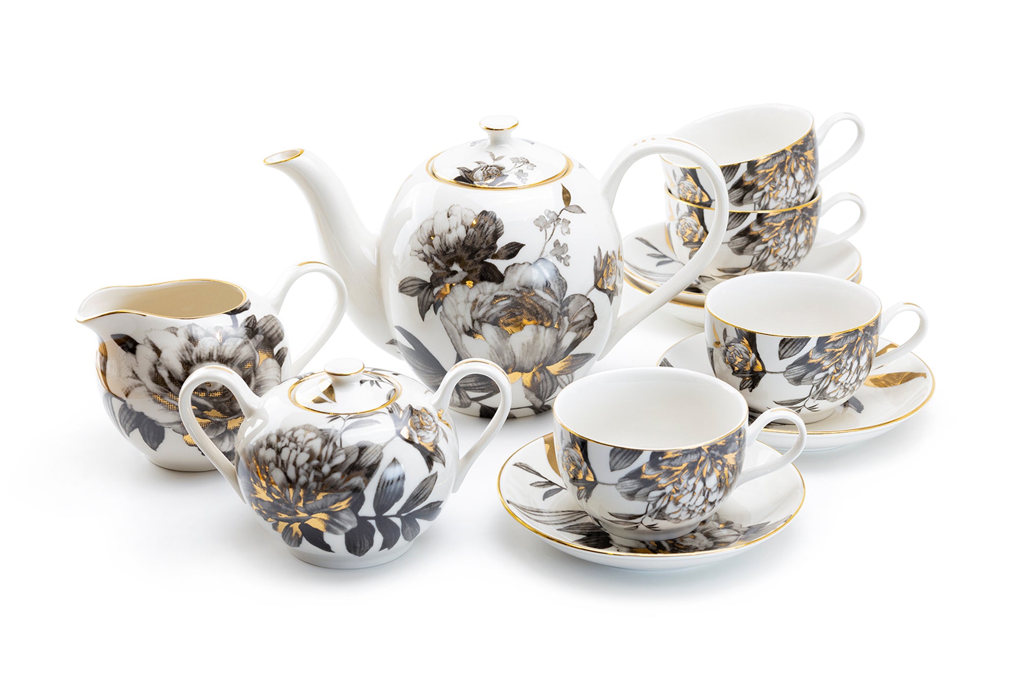 Black Gold Peony authentic Fine Porcelain 11-Piece Tea Set