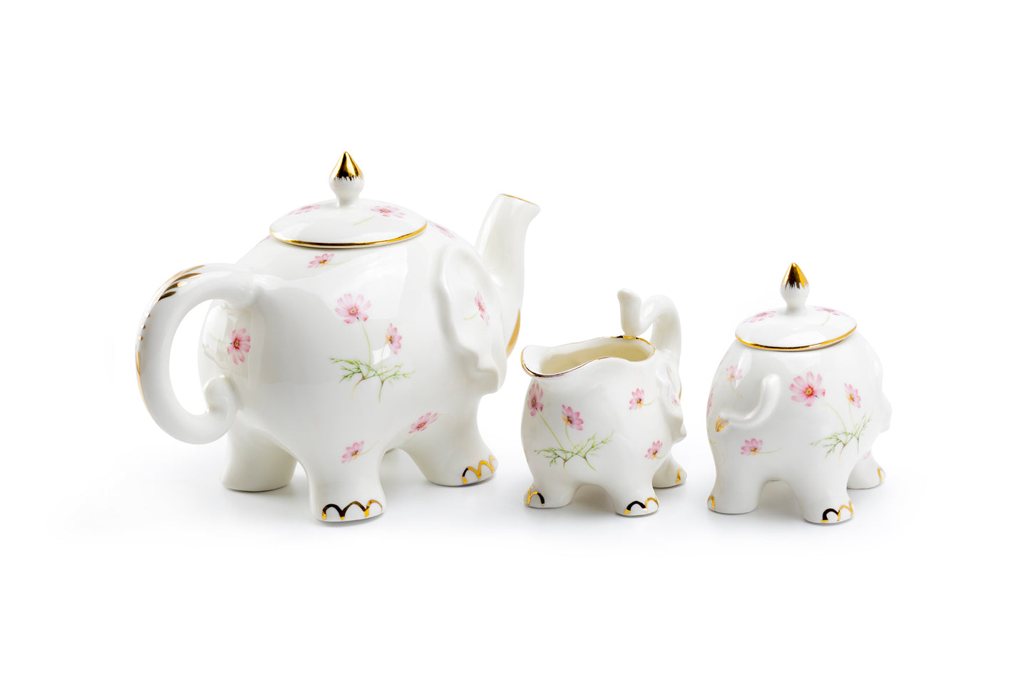 Grace Teaware Pink Flower Elephant Fine Porcelain 3-Piece Teapot Sugar Creamer