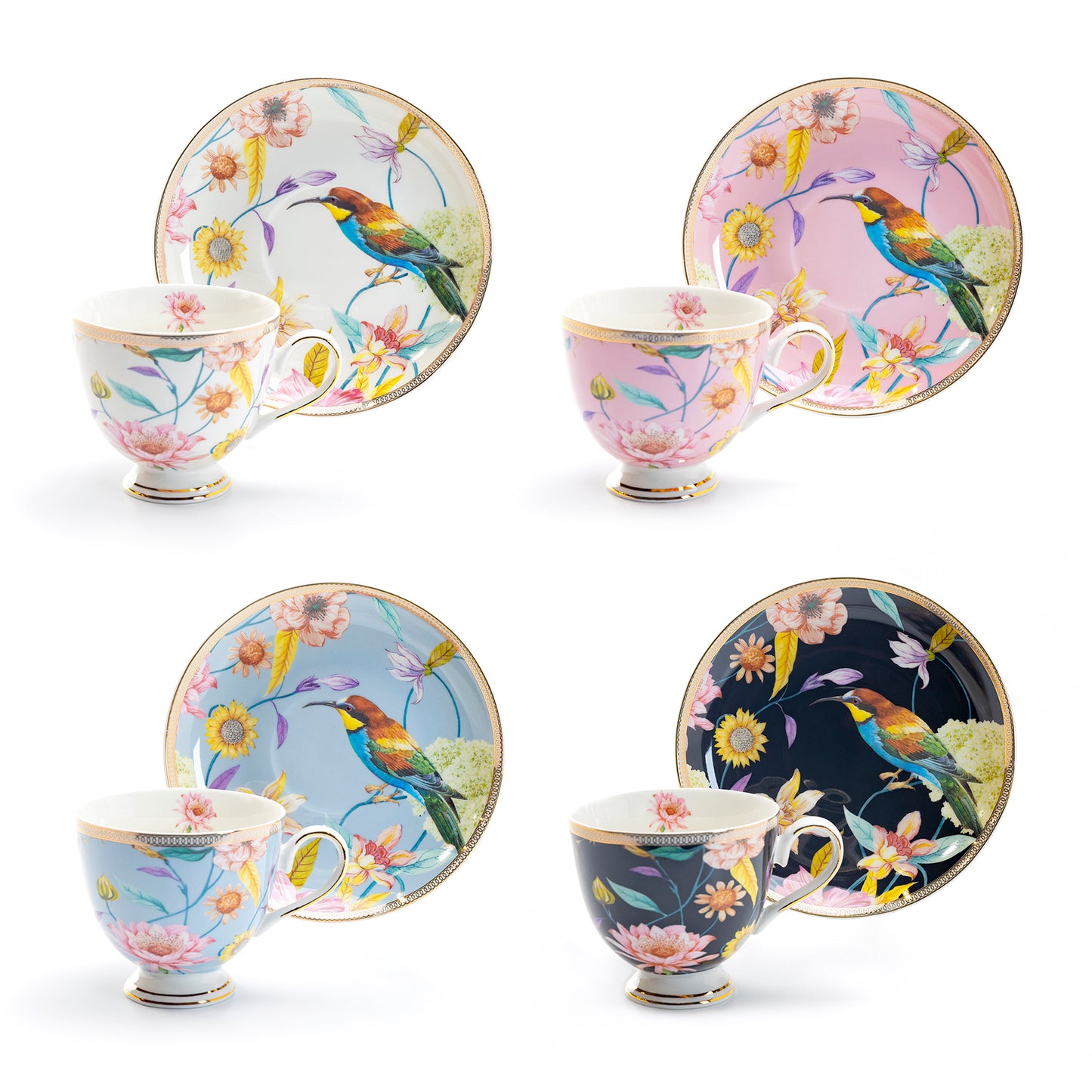 Spring Flowers with Hummingbird Fine Porcelain Tea Cup and Saucer