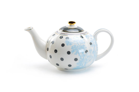 Dark Gray Dots with Blue Toile Fine Porcelain Teapot