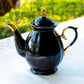 Black Gold Teapot + Sugar Creamer + 4 Crow with Red Roses Black Gold Luster Tea Cup and Saucer Sets