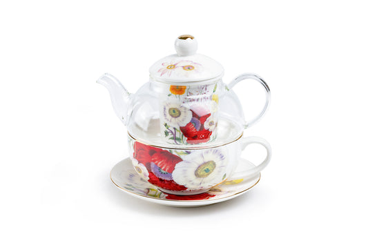 Poppy Field Glass and Fine Porcelain Tea For One Set