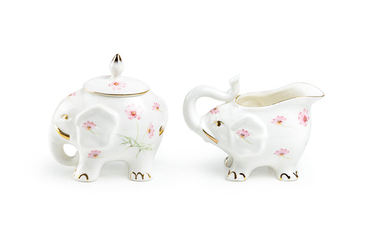 Pink Flower Elephant Fine Porcelain Sugar & Creamer Set