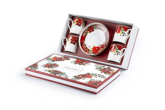Poinsettia Pine Cone 3oz Demitasse Cups and Saucers with Gift Box