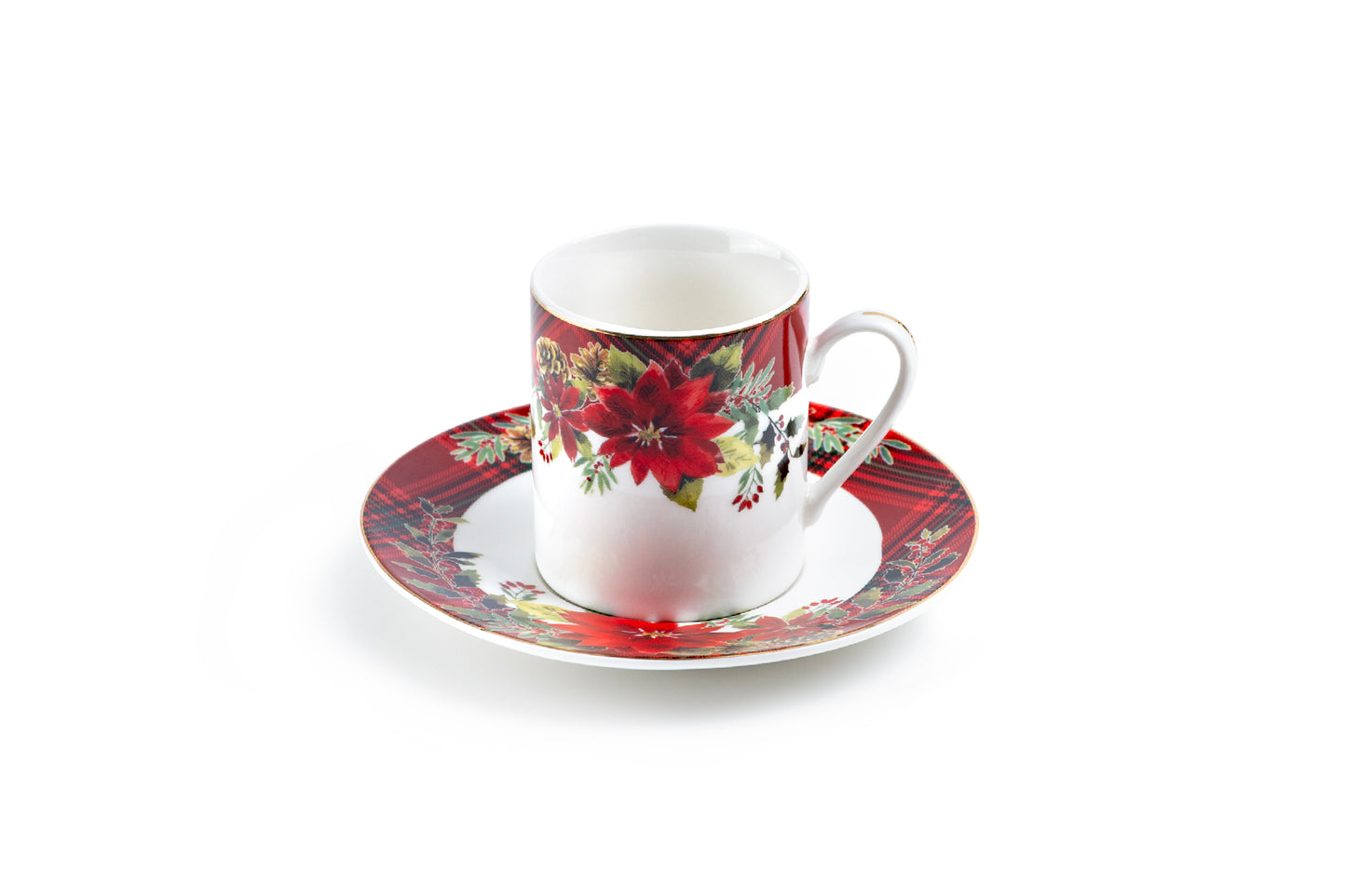Poinsettia Pine Cone 3oz Demitasse Cups and Saucers with Gift Box